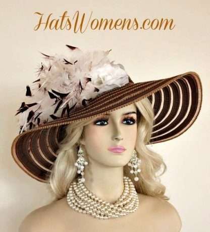 Woman's Brown White Special Occasion Hats, Custom Bespoke Couture Woman's Hats, Bridal Wedding Church Hats, Women's Designer Hats