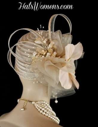 Ladies Beige Couture Cocktail Pillbox Hat, Bridal Wedding Church Hats, Hats For Brides, Mother Of The Bride Dress Hats Woman