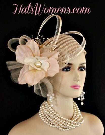 Ladies Beige Couture Cocktail Pillbox Hat, Bridal Wedding Church Hats, Hats For Brides, Mother Of The Bride Dress Hats Woman