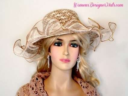 Women's Designer Coffee Beige Ivory Wide Brimmed Hat, Kentucky Derby Fashion Hats, Tea Party Hats, Brown Cream Beige Wedding Formal Hats For Women