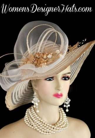 Ladies Designer Beige Hats, Beige Ivory Formal Church Wedding Hat, Special Occasion Dress Hats For Women, Kentucky Derby Couture Hats