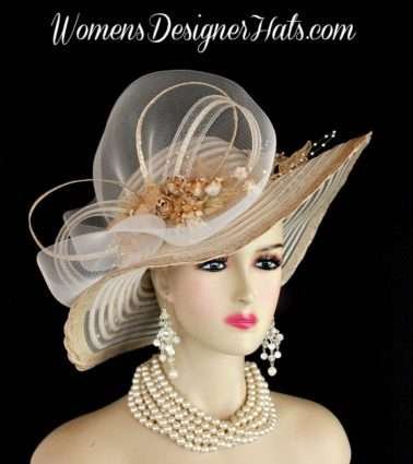 Ladies Designer Beige Hats, Beige Ivory Formal Church Wedding Hat, Special Occasion Dress Hats For Women, Kentucky Derby Couture Hats