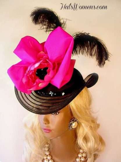 Ladies Victorian Carriage Driving Riding Hat Hats, Black Hot Pink Satin Victorian Edwardian Hat Hats, Ladies Women's Designer Fashion Hats Vintage Style