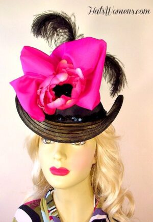 Ladies Victorian Carriage Driving Riding Hat Hats, Black Hot Pink Satin Victorian Edwardian Hat Hats, Ladies Women's Designer Fashion Hats Vintage Style