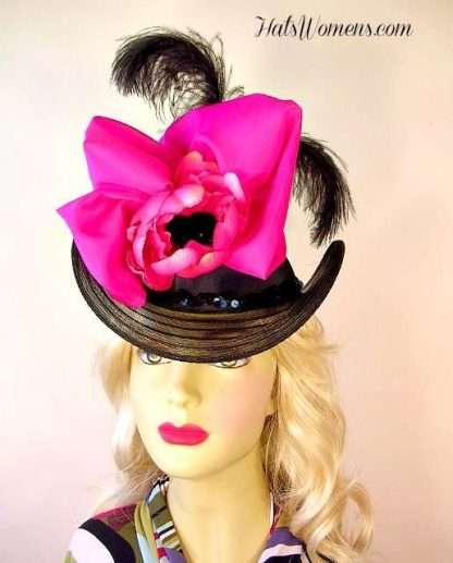 Ladies Victorian Carriage Driving Riding Hat Hats, Black Hot Pink Satin Victorian Edwardian Hat Hats, Ladies Women's Designer Fashion Hats Vintage Style