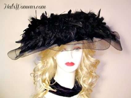 Black Wide Brim Victorian Riding Equestrian Hats, Carriage Driving Formal Hats, Women's Designer Hat Hats, Ladies Fashion Church Hats, Special Occasion Dress Hats Feathers