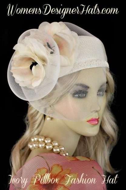 Ivory Green Pillbox Bridal Wedding Hat Hats, Ivory Pillbox Designer Fashion Hats For Women, Ladies Dress Church Hats, Hats Women's Horse Racing Hats