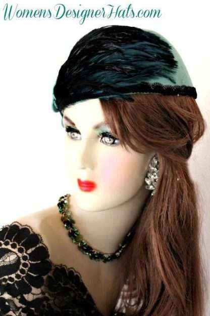 Ladies Jade Green Black Cloche Flapper Roaring Twenties Hat Winter Designer Fashion Pillbox Church Wedding Dress Hats - Image 2