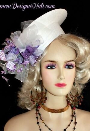 Ladies White Lavender Purple Crownless Dress Hat, Special Occasion Church Formal Hats, Bridal Wedding Hat Headpieces, Designer Hats For Women