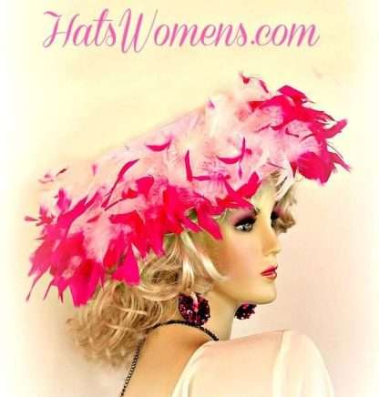Soft Pink Designer Hat With Soft Pink And Hot Pink Feathers, Ladies Pink Fashion Hats, Designer Hats For Women, Ladies Church Hats, Hats For Weddings, Mother Of The Bride Fashion Hats