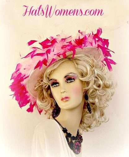 Pink Hats For Weddings, Pink Designer Hat With Feathers, Special Occasion Bridal Hats Headpieces, Designer Fashion Hats For Women Woman Lady's Ladies