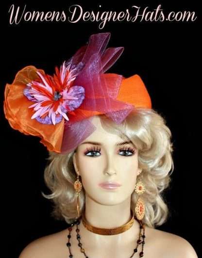 Couture Orange Pink Lavender Purple Pillbox Hat For Women, Pillboxes Hats, Ladies Formal Orange Pillbox Church Hat Hats, Hats For Women, Bridal Wedding