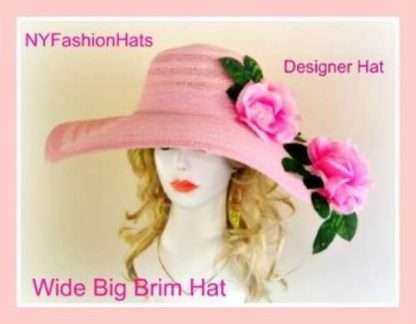 Pink Wide Brim Designer Hat With Roses Ladies Spring Hats 3QPZ - Image 3