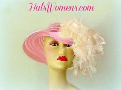 Ladies Pink Ivory Formal Hat With Feathers, Pink Kentucky Derby Hats, Orange White Black Ivory Fashion Hats, Mother Of The Bride Hats, Couture Millinery Headwear Hats Apparel