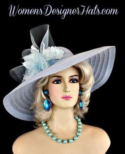 Baby Blue Wide Brim Designer Fashion Wedding Hat Orchids Dress Hats N9934 - Image 3