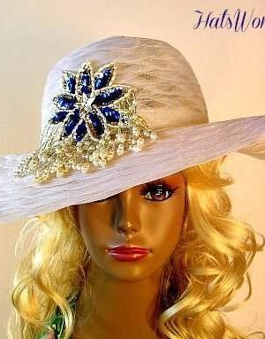 White Royal Blue Pearl Sequin Beaded Ladies Designer Hat, Mother Of The Bride Hats, Wedding Bridal White Hats, Ladies Designer Fashion Hat Hats, Woman's Tea Garden Party Custom Hat Millinery