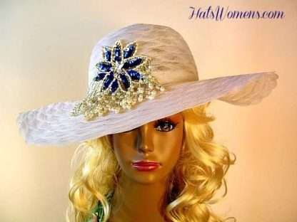 White Royal Blue Pearl Sequin Beaded Ladies Designer Hat, Mother Of The Bride Hats, Wedding Bridal White Hats, Ladies Designer Fashion Hat Hats, Woman's Tea Garden Party Custom Hat Millinery