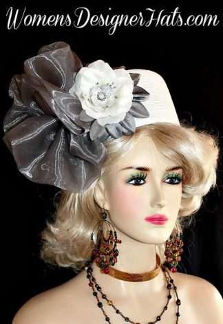 White Designer Fashion Pillbox Hat With Silver Grey Flowers, Haute Couture Formal Special Occasion Pillbox Hat Hats, Designer Hats For Women, Church Bridal Brides Wedding Hats