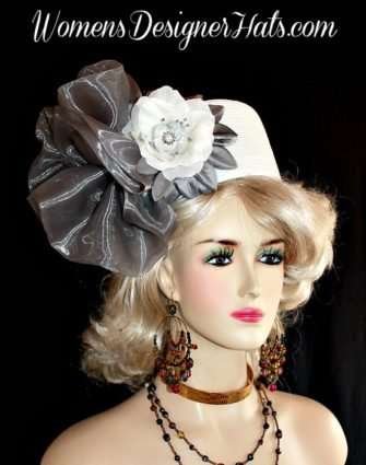 White Designer Fashion Pillbox Hat With Silver Grey Flowers, Haute Couture Formal Special Occasion Pillbox Hat Hats, Designer Hats For Women, Church Bridal Brides Wedding Hats