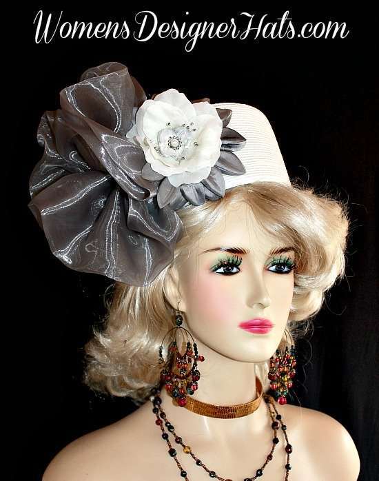 White Designer Fashion Pillbox Hat With Silver Grey Flowers, Haute Couture Formal Special Occasion Pillbox Hat Hats, Designer Hats For Women, Church Bridal Brides Wedding Hats