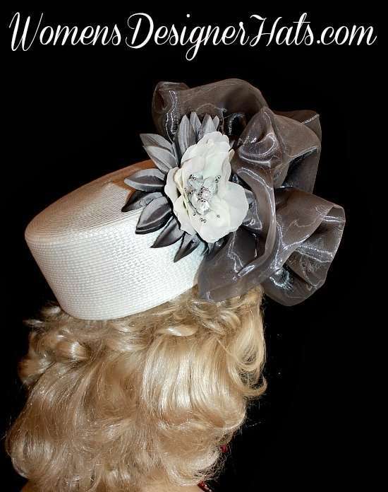 White Designer Fashion Pillbox Hat With Silver Grey Flowers, Haute Couture Formal Special Occasion Pillbox Hat Hats, Designer Hats For Women, Church Bridal Brides Wedding Hats