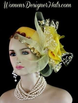 Ladies Yellow Metallic Gold White Cocktail Hats, Formal Bridal Wedding Headpiece Headpieces, Women's Designer Hats, Ladies Pillbox Fashion Hat Hats