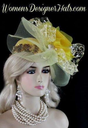 Ladies Yellow Metallic Gold White Cocktail Hats, Formal Bridal Wedding Headpiece Headpieces, Women's Designer Hats, Ladies Pillbox Fashion Hat Hats