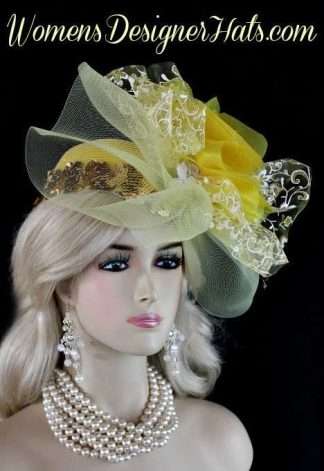 Ladies Yellow Metallic Gold White Cocktail Hats, Formal Bridal Wedding Headpiece Headpieces, Women's Designer Hats, Ladies Pillbox Fashion Hat Hats