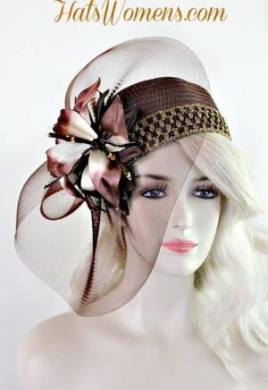 Ladies Formal Brown Satin Cloche Fashion Hat, 1920's Flapper Wedding Bridal Headpiece. Winter Hats, Summer Hats, Women's Designer Hats For Weddings Church Special Occasion