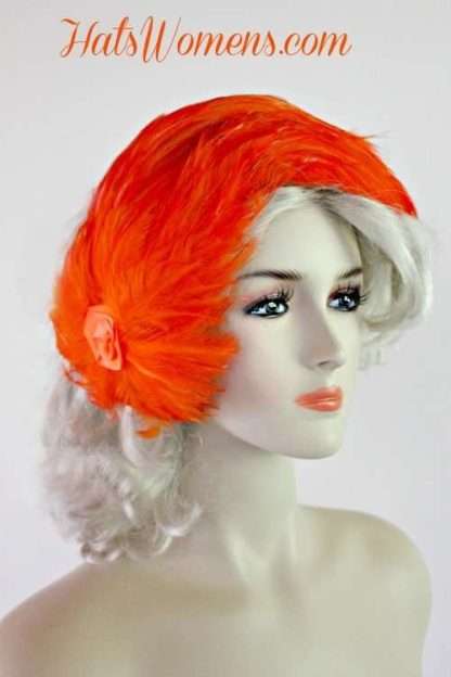 Ladies Vintage Orange Cocktail Hat Wedding Fascinator Feather Headpiece With Feathers, 1920's Flapper Hats