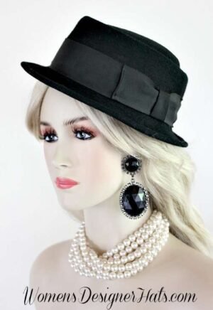 Ladies Men Vintage Pork Pie Black Winter Wool Designer Hat, Jazz Age Hats Headwear Millinery, Art Deco, Designer Fashion Casual Dress Hats