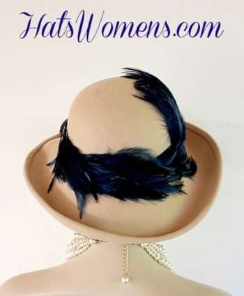 Camel Taupe Beige Winter Wool Ladies Hat Navy Blue Feathers, Women's Beige Designer Hat, Fashion Hats For Women Autumn Fall Apparel, Couture Headwear Millinery Designers