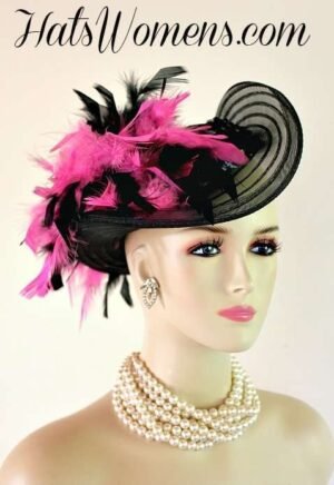 Black Hot Pink Satin Designer Hat Hats, Victorian Riding Carriage Driving Hat, Equestrian Horse Riding Competitions Hat, Black Satin Hats For Wedding Church Funerals Dress