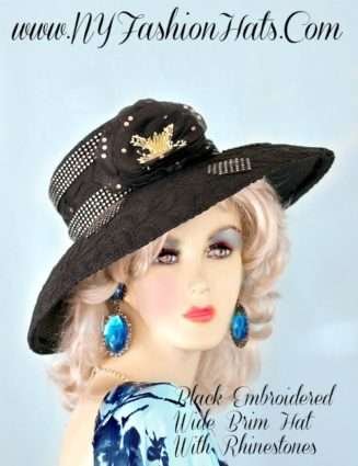 Black Fashion Hats For Women, Hats With Rhinestones, Spring Summer Formal Hat, Black Church Hat, Tea Party Hat