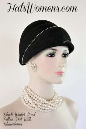 Ladies Black Beehive Vintage Style Pillbox Hat, Pillbox Hats With Rhinestones, Winter Wool Black Pillbox Dress Hat, Women's Designer Hats