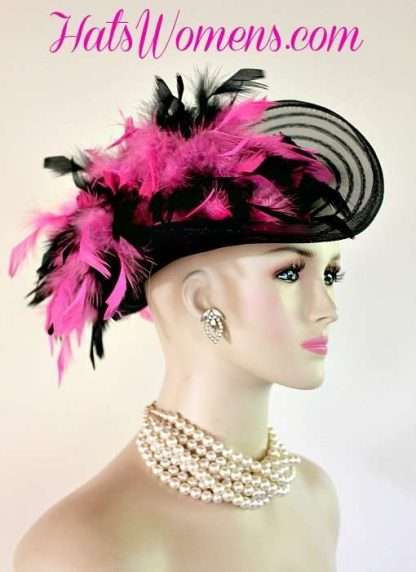 Ladies Bespoke Black Hot Pink Racing Hats, Winter Satin Hats, Formal Satin Spring Hats With Feathers For Horse Races, Kentucky Derby Hats, Royal Ascot Hats, Designer Hats For Women