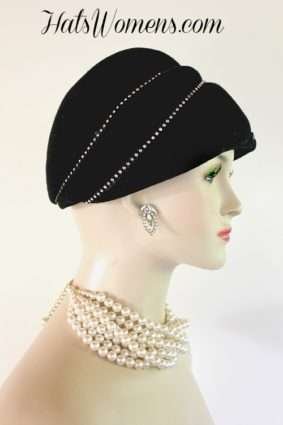 Ladies Black Beehive Vintage Style Pillbox Hat, Pillbox Hats With Rhinestones, Winter Wool Black Pillbox Dress Hat, Women's Designer Hats