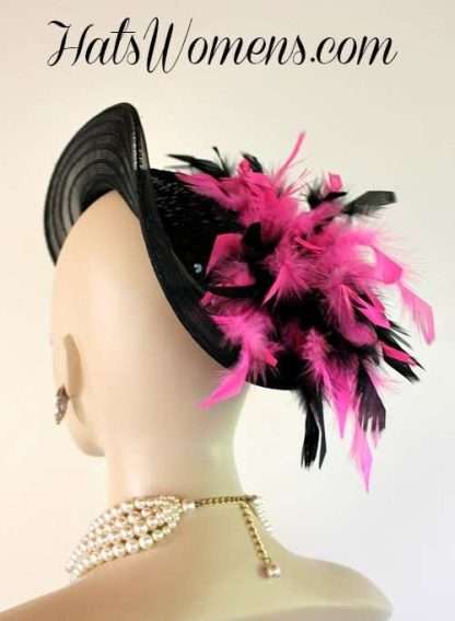 Black Satin Hot Pink Special Occasion Cocktail Hat, Bridal Hats Headpieces Weddings, Victorian era Edwardian Riding Hat, Satin Hats For Formals Tea's Derbies Derby's And Holidays