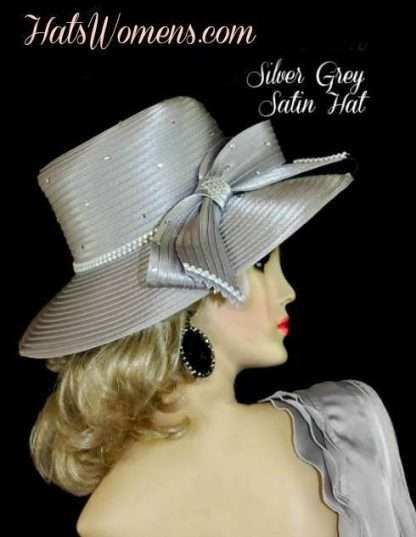 Women's Silver Grey White Satin Designer Hat With Rhinestones, Silver Holiday Wedding Formal Satin Hat, Fashion Hats For Women