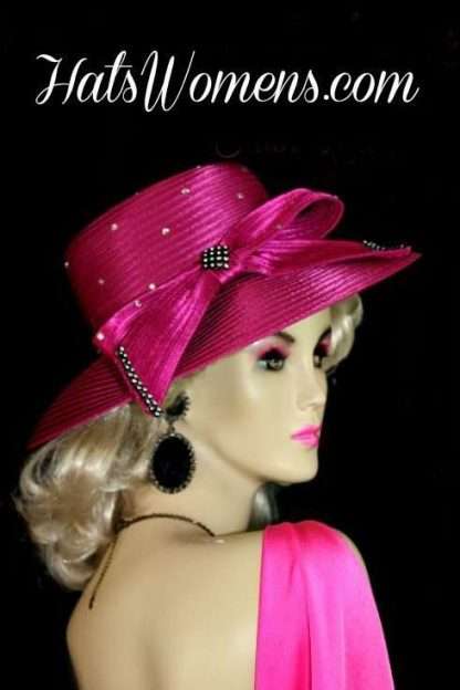 Ladies Fuchsia Hot Pink Black Wide Brim Satin Church Hat, Satin Wedding Bridal Mother Of The Bride Hats, Designer Hats For Women Couture