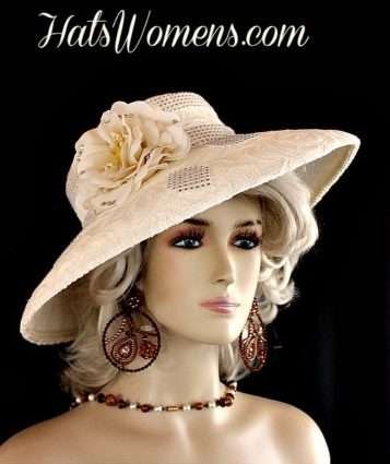 Women's Ivory Cotton Embroidered Designer Hat, Kentucky Derby Hat, Hats For Church, Mother Of The Bride Hat Millinery Headwear
