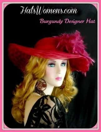 Ladies Burgundy Wide Brim Designer Hat With Feathers, Black Church Hats, Navy Blue Dress Hats, Orange Fashion Hats, Yellow Kentucky Derby Hats, Green Brown White Ivory Red Pink Hats Bridal