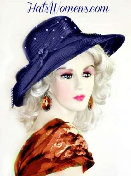 Women's Navy Blue Designer Satin Hat Hats, Navy Blue Formal Church Hat, Kentucky Derby Hats, Mother Of The Bride Hats, Bridal Weddings Couture