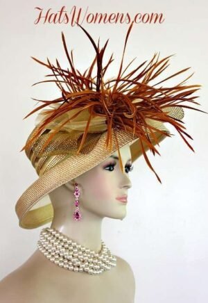 Antique Gold Haute Couture Fashion Dress Hat, Ladies Designer Hats With Feathers, Hats For Cocktail Parties Holidays, Elegant Church Bridal Hat Hats