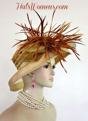 Antique Gold Haute Couture Fashion Dress Hat, Ladies Designer Hats With Feathers, Hats For Cocktail Parties Holidays, Elegant Church Bridal Hat Hats