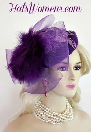 Purple Fur Feather Cocktail Pillbox Hat, Designer Hats For Women, Bridal, Couture Wedding Hat, Mother Of The Bride Hats Headpiece Custom Millinery
