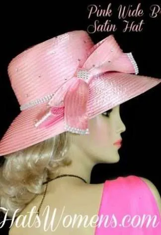 Ladies Pink Wide Brim Satin Designer Hat Hats, Pink Kentucky Derby Hats, Women's Pink Fashion Hats, Pink Hats For Women Woman Lady's