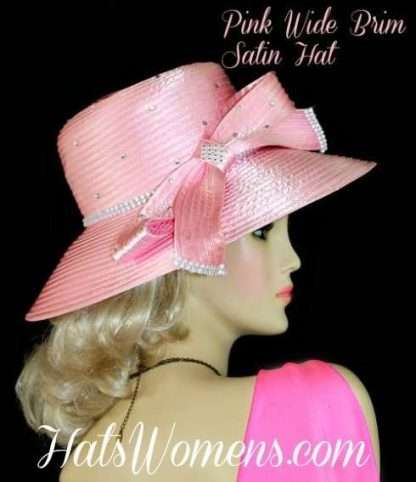 Ladies Pink Wide Brim Satin Designer Hat Hats, Pink Kentucky Derby Hats, Women's Pink Fashion Hats, Pink Hats For Women Woman Lady's