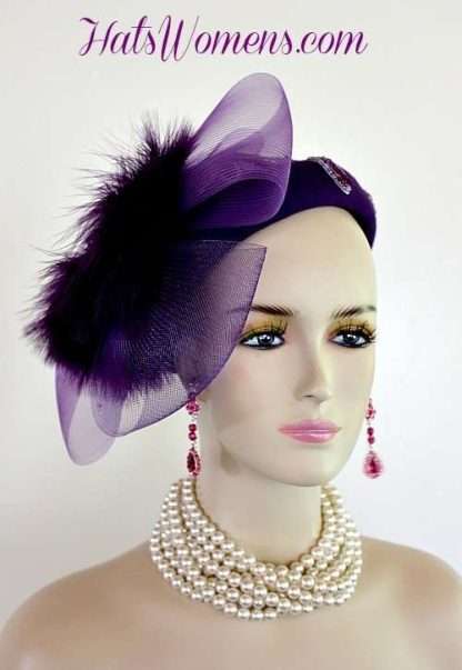 Art Deco Era Flapper Cocktail Hats, Purple Church Wedding Bridal Hat, Wedding Headpiece, Hats For Formals, Ladies Purple Winter Hat Hats