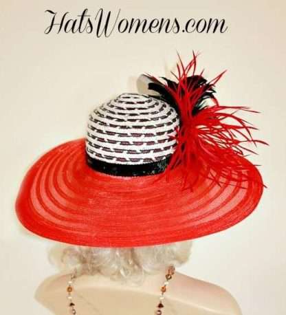 Women's Red Black White Wide Brim Church Wedding Hat, Special Occasion Couture Hats - Image 2